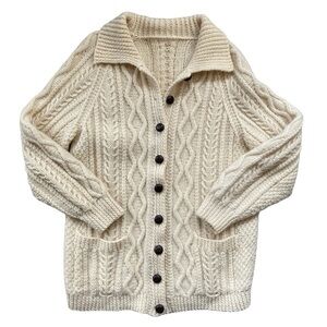 Vintage Ivory Wool Button Front Long Sleeve Cable Knit Cardigan Sweater MEDIUM
